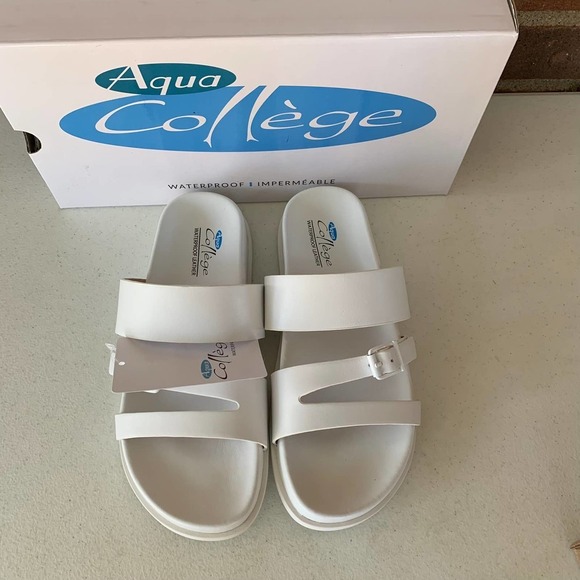 Aqua College Sloan White Leather Open Toe Strap Slide Sandal Women's US size 7M - Picture 2 of 11